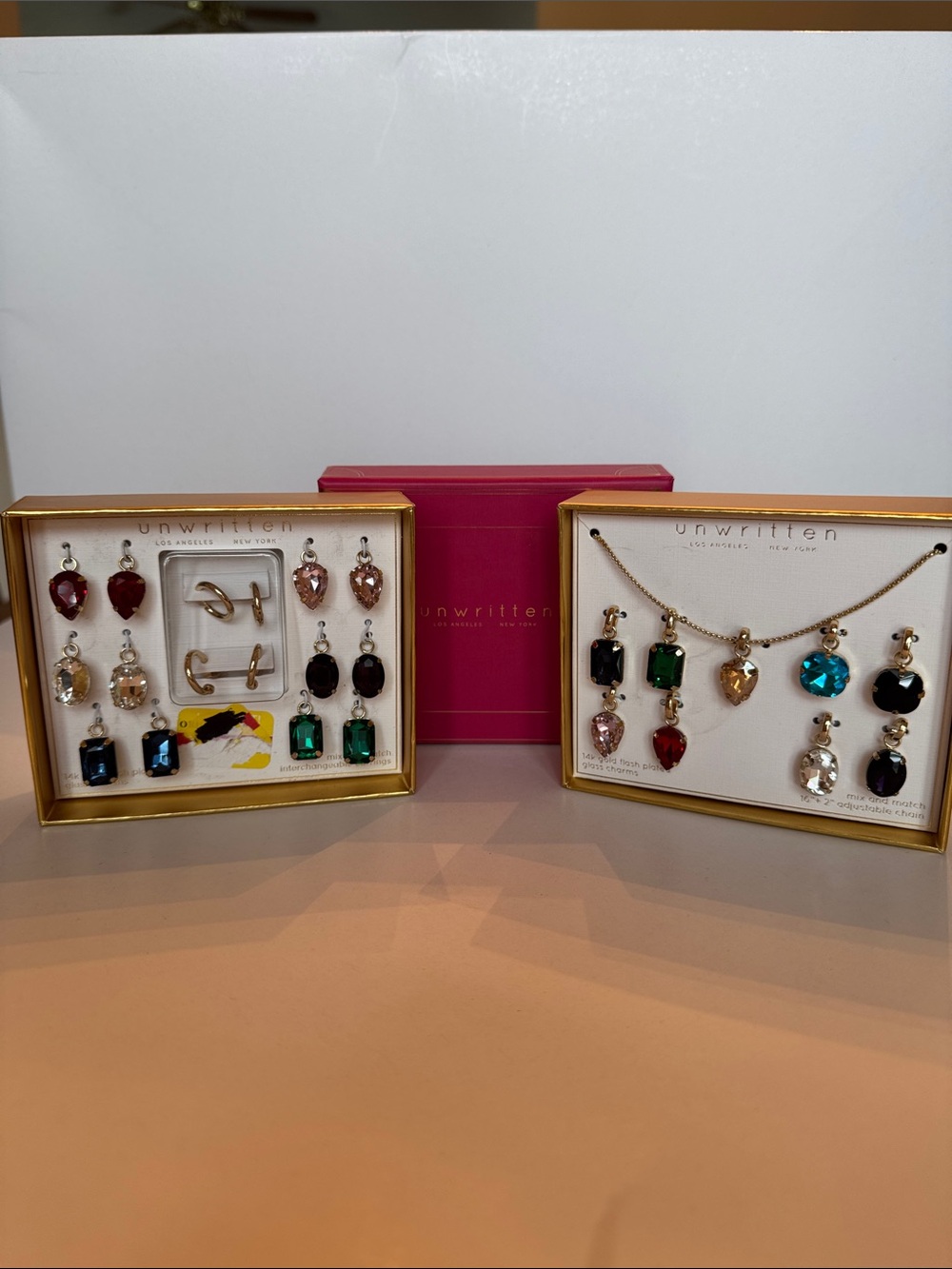 Unwritten Multi-Color 6 Crystal interchangeable Earring and Necklace Sets 14K